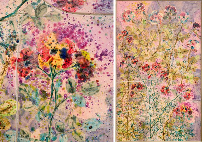 Left: Sam Falls, Naturaliter Maiorennes (detail), 2025, Glazed ceramic with glass in brass frame, 145.5 x 88.5 cm / 57 1/4 x 34 3/4 in, © Sam Falls, Courtesy the artist and Galerie Eva Presenhuber Right: Sam Falls, Naturaliter Maiorennes, 2025, Glazed ceramic with glass in brass frame, 145.5 x 88.5 cm / 57 1/4 x 34 3/4 in, © Sam Falls, Courtesy the artist and Galerie Eva Presenhuber