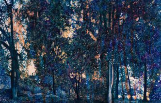 Ziva Jelin, Dark Forest, 2025, Wall paint and acrylic on canvas, 50¹³⁄₁₆ × 78¾ inches (129 × 200 cm), © Ziva Jelin, Courtesy the artist and Lévy Gorvy Dayan Gallery