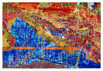 Rick Lowe, The Harbour Fragment Series: Fragment 1, 2025, Acrylic and paper collage on canvas, 96 x 144 inches (243.8 x 365.8 cm), © Rick Lowe Studio, Photo: Thomas Dubrock, Courtesy the artist and Gagosian