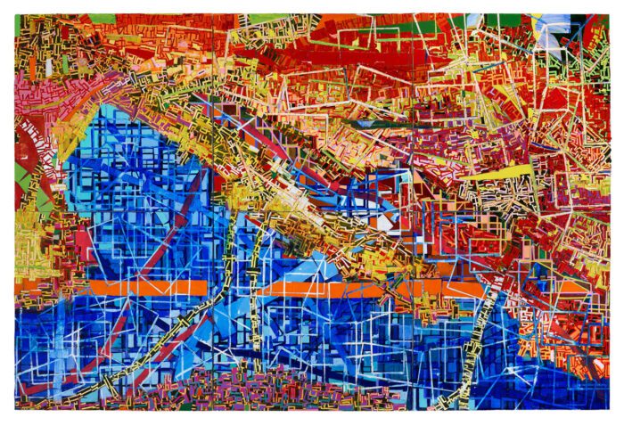 Rick Lowe, The Harbour Fragment Series: Fragment 1, 2025, Acrylic and paper collage on canvas, 96 x 144 inches (243.8 x 365.8 cm), © Rick Lowe Studio, Photo: Thomas Dubrock, Courtesy the artist and Gagosian