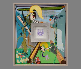 Helen Marten, Men, 2025, nylon paint on fabric, coloured pencil on paper, hand-drawn sand cast aluminium, Douglas Fir, stained Ash, aluminium, hardware 169.8 x 145.8 x 21.1 cm / 66 ⅞ x 57 ⅜ x 8 ¼ in, © Helen Marten, Courtesy the artist and Sadie Coles HQ Gallery