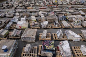 As seen from above, hundreds of pieces of what was the pedestal for the statue of Robert E. Lee in Richmond, 2022. Photo by and copyright Sanjay Suchak