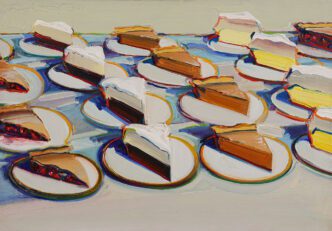 Wayne Thiebaud, Pie Rows, 1961, Oil on canvas, 46 x 66cm, Collection of the Wayne Thiebaud Foundation. © Wayne Thiebaud/VAGA at ARS, NY and DACS, London 2025. Image: Wayne Thiebaud Foundation