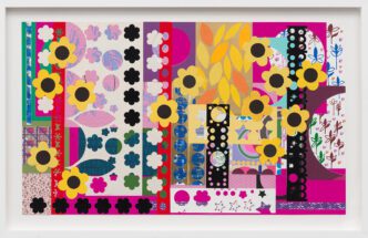 Beatriz Milhazes, Histórias Tropicais I, 2024, Collage of various and printed papers and acrylic markers on paper, 55 x 93 cm | 21 5/8 x 36 5/8 in., 68 x 106 x 5 cm | 26 3/4 x 41 3/4 x 1 15/16 in. (framed), © Beatriz Milhazes, Courtesy the artist and White Cube Gallery