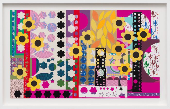 Beatriz Milhazes, Histórias Tropicais I, 2024, Collage of various and printed papers and acrylic markers on paper, 55 x 93 cm | 21 5/8 x 36 5/8 in., 68 x 106 x 5 cm | 26 3/4 x 41 3/4 x 1 15/16 in. (framed), © Beatriz Milhazes, Courtesy the artist and White Cube Gallery