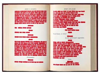 Emilio Isgrò, Romeo and Juliet, Going, 2019, acrylic on fabric paper mounted on book and wood panel, 18,89 x 26,57 x 2,16 in - 48 x 67,5 x 5,5 cm, reverse: signed, titled, dated and numbered Emilio Isgrò / Romeo and Juliet, Going / 2019 / K 105.. © Emilio Isgrò, Courtesy the artist and Tornabuoni Art