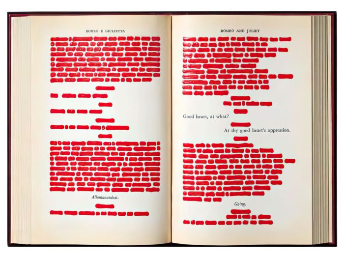 Emilio Isgrò, Romeo and Juliet, Going, 2019, acrylic on fabric paper mounted on book and wood panel, 18,89 x 26,57 x 2,16 in - 48 x 67,5 x 5,5 cm, reverse: signed, titled, dated and numbered Emilio Isgrò / Romeo and Juliet, Going / 2019 / K 105.. © Emilio Isgrò, Courtesy the artist and Tornabuoni Art
