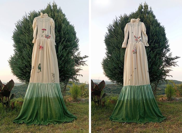 Ifigeneia Sdoukou, Flora in periculo est, 2025, Cotton fabric with hand embroidery. 300 x 70 cm, © Ifigeneia Sdoukou, Courtesy the artist