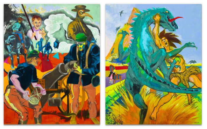Left: Archie Rand, Simeon, 2019 , acrylic on fabric, 152 x 121 cm, © Archie Rand, Courtesy the artist and Contemporary Fine Arts Galerie GmbH Right: Archie Rand, Benjamin, 2019, acrylic on fabric, 152 x 121 cm, © Archie Rand, Courtesy the artist and Contemporary Fine Arts Galerie GmbH