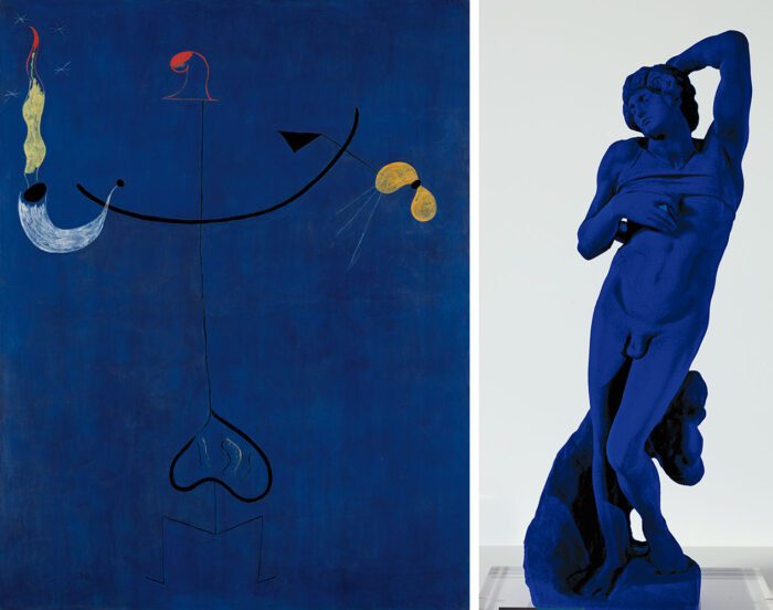 Left: Joan Miró, Catalan Peasant with a Guitar, 1924, Oil on canvas, 147 x 114 cm. Museo Nacional Thyssen-Bornemisza, Madrid. © Succesió Miró, 2025 Right: Yves Klein, The Dying Slave (by Michelangelo) n.d, Blue pigments and synthetic resin on plaster. 58 cm. Carmen Thyssen Collection. © The Estate of Yves Klein c/o VEGAP, 2025