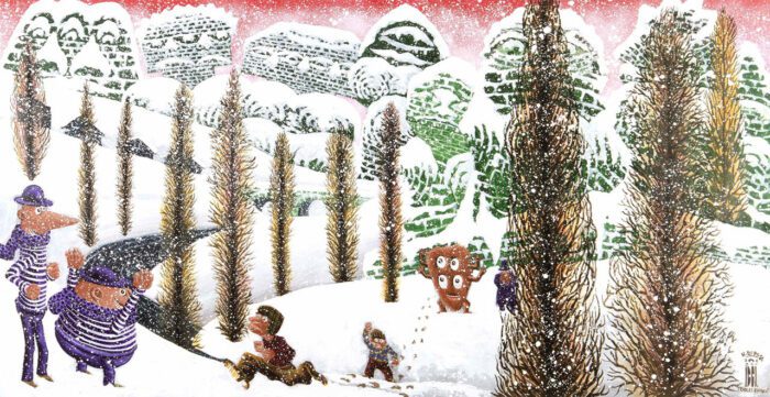 Hervé di Rosa, IDOLES D’HIVER, 2025, Acrylic on canvas, 107 × 205 cm — 42 1/4 × 80 3/4 in, © Hervé di Rosa, Courtesy the artist and Templon Gallery