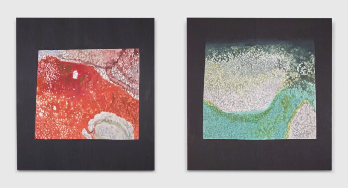 Left: Luc Tuymans, Illumination II, 2025, Oil on canvas, 124 3/4 x 113 1/8 inches (317 x 287.4 cm), © Luc Tuymans, Courtesy the artist and David Zwirner Gallery Right: Luc Tuymans, Illumination I, 2024, Oil on canvas, 114 1/4 x 108 7/8 inches (290.1 x 276.4 cm), © Luc Tuymans, Courtesy the artist and David Zwirner Gallery