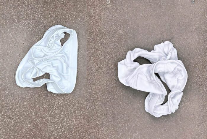 Left: Reza Aramesh. Action 442 Mogadishu Temporary Jail 21 February 2012 Progression #195. 2024, Carved and hand polished Bianco Michelangelo marble. 30.1 x 21.8 x 5.8 cm. Right: Reza Aramesh. Action 408 PUL-E-CHARKHI Prison 8 October 2014 Progression #161. 2024, Carved and hand polished Bianco Michelangelo marble. 26.6 x 23.1 x 8.5cm