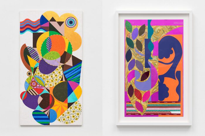 Left: Beatriz Milhazes, Pictures of the Floating World, 2025, Acrylic on canvas, 258.5 x 140 cm | 101 3/4 x 55 1/8 in., © Beatriz Milhazes, Courtesy the artist and White Cube Gallery Right: Beatriz Milhazes, A Valsa das Folhas IV 2024, Collage of various and printed papers and fabric ribbon on paper, 73.5 x 44.5 cm | 28 15/16 x 17 1/2 in. , 86.5 x 57.5 x 5 cm | 34 1/16 x 22 5/8 x 1 15/16 in. (framed), © Beatriz Milhazes, Courtesy the artist and White Cube Gallery
