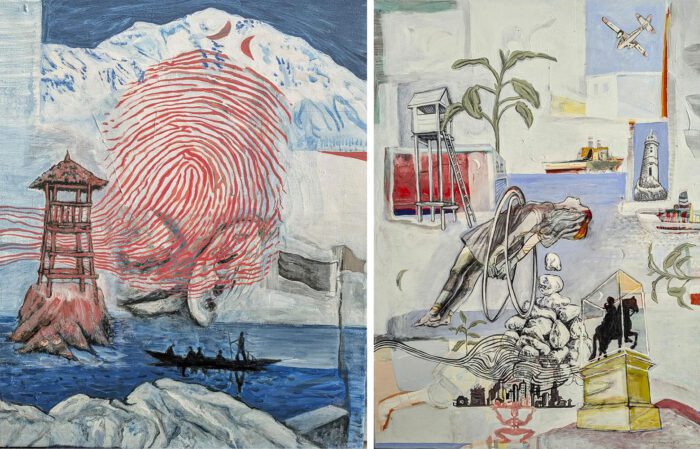 Left: Stavros Panagiotakis, Journey, 2024, , Acrylics, ink and pastel on canvas, 70 Χ 50 cm, © & Courtesy Stavros Panagiotakis Right: Panagiotakis, Overlays, 2023, Acrylics, ink and pastel on canvas, 129 Χ 90 cm, © & Courtesy Stavros Panagiotakis