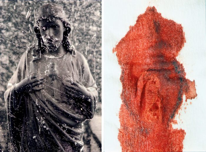 Left: Andres Serrano, Black Jesus (Immersions) , 1990, Chromogenic color prints on archival paper, back-mounted on dibond, glass ant-UV, anti-reflective, wooden frame, 165,1 x 114,3 x 3 cm (65 x 45 x 1 3/16 inches), Edition of 4 + 2 AP, © Andres Serrano, Courtesy the artist and Galerie Nathalie Obadia Right: Andres Serrano, Red River #3 (Bodily Fluids), 1989, Cibachrome, plexiglass, wooden frame, 165,1 x 114,3 cm (65 x 45 inches), Edition of 4 + 2 AP, © Andres Serrano, Courtesy the artist and Galerie Nathalie Obadia
