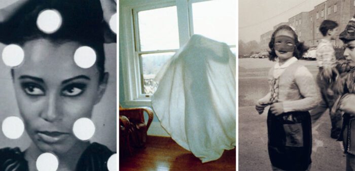 Left: Nan Goldin, Screen Test [St195]: Donyale Luna, Directed by Andy Warhol, United States, 1965, © Nan Goldin Center: Nan Goldin, Thomas as a Ghost, Boston, 1977, © Nan Goldin Right: Nan Goldin, Barbara in Mask, Washington D.C., 1953, © Nan Goldin