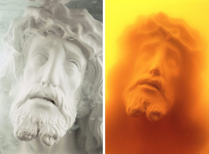 Left: Andres Serrano, White Christ (Immersions), 1989, Cibachrome, silicone, plexiglass, wood frame, 165.1 x 114.3 x 3 cm (65 x 45 x 1 3/16 in.), Edition of 4 + 2 AP, © Andres Serrano, Courtesy the artist and Galerie Nathalie Obadia Right: Andres Serrano, Ecce Homo (Immersions), 1988, Pigment print on archival paper 285 g, back-mounted on dibond, plexiglass, wooden frame, 165,1 x 114,3 cm (65 x 45 inches), Edition of 4 + 2 AP, © Andres Serrano, Courtesy the artist and Galerie Nathalie Obadia