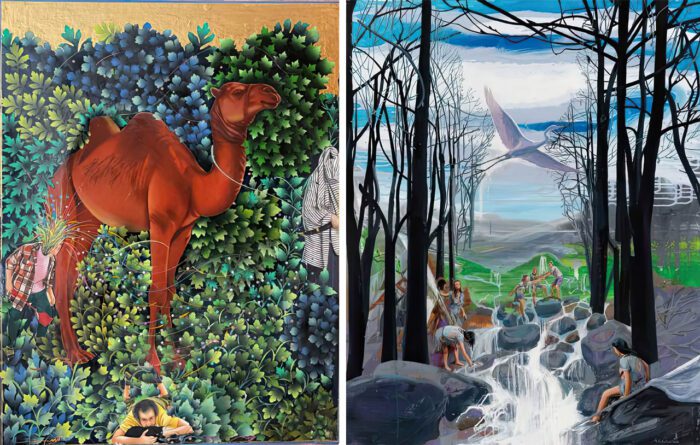 Left: Maryam Ayeen and Abbas Shahsavar. Untitled. 2025, Gouache, acrylic and watercolor on cardboard. 45 x 35 cm. with frame: 57 x 53 cm Right: Mehdi Farhadian. Allies. 2023, Acrylic on Canvas. 150x120 cm