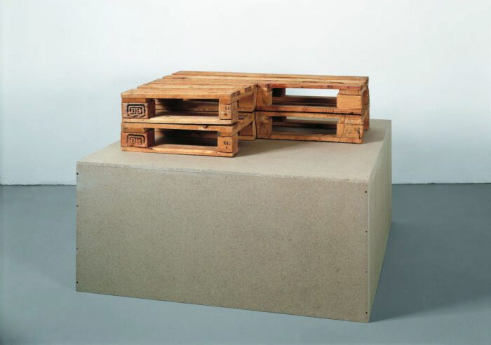 Martin Kippenberger, Design for a Mothers’ Rest Home in Heilbronn, 1985, wooden pallets, 30 cm × 120 cm × 80 cm (11-13/16" × 47-1/4" × 31-1/2"), wooden pallets 60 cm × 160 cm × 110 cm (23-5/8" × 63" × 43-5/16"), base, Courtesy Pace Gallery