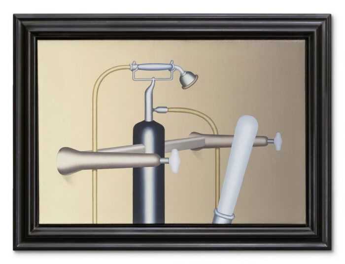 Konrad Klapheck, Die schöne Hausfrau, 1967, oil on canvas, 45 cm × 67.3 cm (17-11/16" × 26-1/2") framed, 58 cm × 80 cm × 5 cm (22-13/16" × 31-1/2" × 1-15/16")