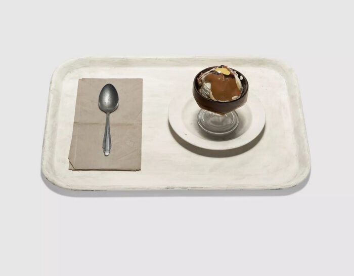 Claes Oldenburg, Ice Cream Sundae on Tray, 1962, enamel on plaster, glass, ceramic, aluminum spoon, paper napkin and plastic, in six parts, 11.7 cm × 41.9 cm × 30.5 cm (4-5/8" × 16-1/2" × 12")