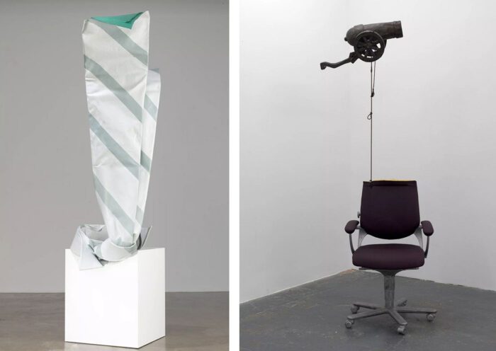 Left: Oldenburg/van Bruggen, Inverted Collar and Tie, 1993, canvas, resin, steel, latex paint, and wood painted with polyurethane enamel, 234 cm x 130.8 cm x 74.3 cm (92-1/8" x 51-1/2" x 29-1/4") Right: Urs Fischer, A Thing Called Gearbox, 2004, cast aluminium, acrylic paint, iron rod, string and copper, 231 cm x 68 cm x 67.5 cm (91" x 26 3/4" x 26 5/8" in.)