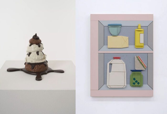 Left: Claes Oldenburg, Profiterole, 1989-90, cast aluminium and brass multiple with latex paint, hand-colouring, 14.6 cm × 23.2 cm × 21.9 cm (5-3/4" × 9-1/8" × 8-5/8") Right: Genesis Belanger, Kitchen Table Issues, 2025, porcelain, veneered plywood and laminate, 29" × 22" × 1-3/4" (73.7 cm × 55.9 cm × 4.4 cm)