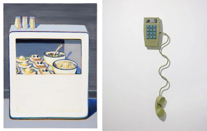 Left: Wayne Thiebaud, Little Deli, 2001, oil on canvas, 121.9 cm × 91.4 cm (48" × 36") framed, 125.9 cm × 95.9 cm (49-9/16" × 37-3/4") Right: Genesis Belanger, Do Not Disturb, 2025, ceramic, powder coated steel and structural epoxy, 51" × 12-3/4" × 7-1/2" (129.5 cm × 32.4 cm × 19.1 cm)