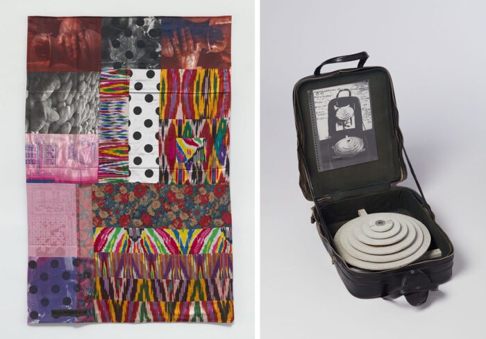 Left: Robert Rauschenberg, Samarkand Stitches #IV, 1988, From an edition of 76 unique variations, published by Gemini G.E.L., Los Angeles, © Robert Rauschenberg Foundation, Photo: Ron Amstutz, Image courtesy of Robert Rauschenberg Foundation Right: Huang Yong Ping, Six Small Turntables, 1989, M+ Collection, © Huang Yong Ping, Photo: Arnold Lee , Image courtesy of M+, Hong Kong