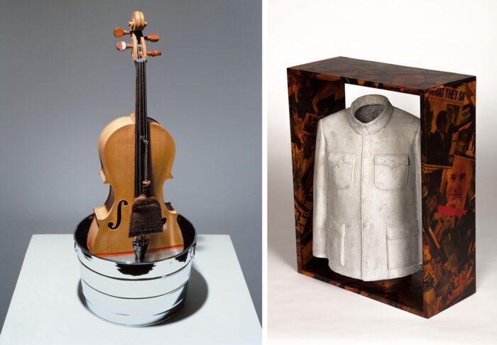 Left: Robert Rauschenberg, Tibetan Garden Song / ROCI TIBET, 1986, From an edition of 25, published by Graphicstudio, University of South Florida, Tampa. Only 20 editions were realized, © Robert Rauschenberg Foundation, Photo: Will Lytch, Image courtesy of Graphicstudio, University of South Florida, Tampa Right: Sui Jianguo, Legacy Mantle (Mao Jacket), 1998, M+ Collection, © Sui Jianguo, Photo: Bruno Bühlmann, Image courtesy of M+, Hong Kong