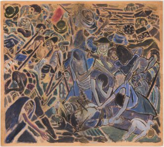 Wifredo Lam. La Guerra Civil (The Spanish Civil War), 1937. Gouache on paper mounted on canvas, 6’11 ¼” x 7’9 ¼” (211.5 x 236.9 cm). Capriles Cannizzaro Family Collection © Wifredo Lam Estate, Adagp, Paris / ARS, New York 2025