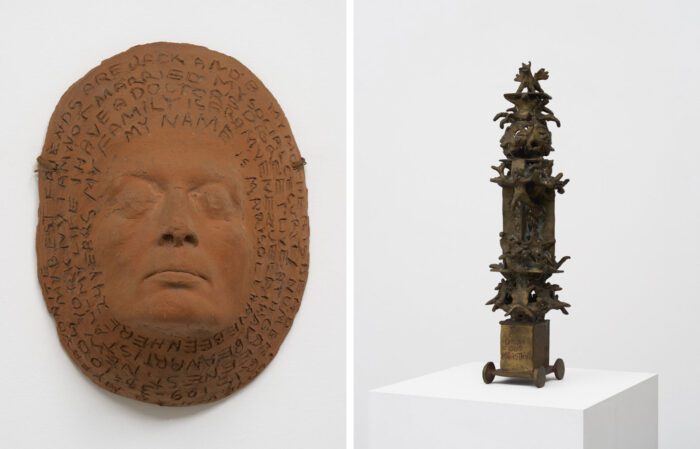 Left: MARISOL, Social Security 1975, Terracotta with rope and wire, 12 × 9 × 5 inches; 31 × 23 × 13 cm, © MARISOL, Courtesy the artist and Matthew Marks Gallery Right: MARISOL, To My Dead Dog Sebastian 1957,Painted bronze, 24½ × 7½ × 6 inches; 62 × 19 × 15 cm, © MARISOL, Courtesy the artist and Matthew Marks Gallery