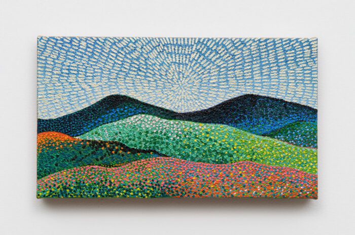 Jennifer Guidi, I awoke to a Picasso blue sky, saw Monet painting in Malibu and walked with Emerson for hours through hills talking, speaking softly of nature’s sweet embrace, 2025, oil and sand on linen, 6 x 10 1/2 x 1 1/8 inches (15.2 x 26.7 x 2.9 cm), © Jennifer Guidi, Courtesy the artist and David Kordansky Gallery