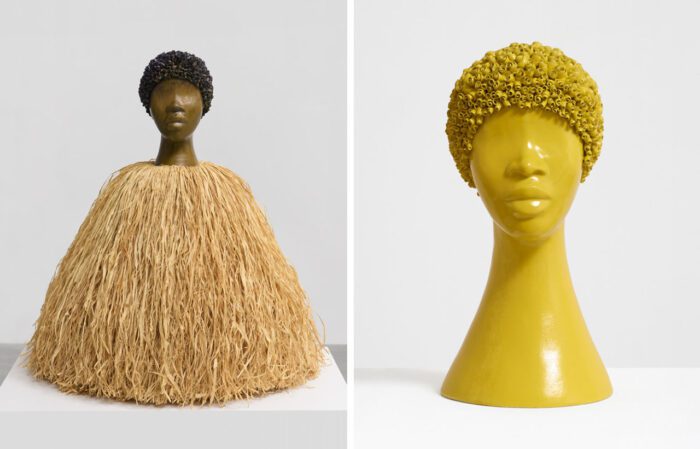 Left: Simone Leigh, Mound 2024–25, Stoneware, raffia, and steel armature, 45⅝ × 43 × 43 inches; 116 × 109 × 109 cm, © Simone Leigh, Courtesy the artist and Matthew Marks Gallery Right: Simone Leigh, Untitled 2025, Stoneware, 24 × 12 × 13 inches; 61 × 31 × 33 cm, © Simone Leigh, Courtesy the artist and Matthew Marks Gallery