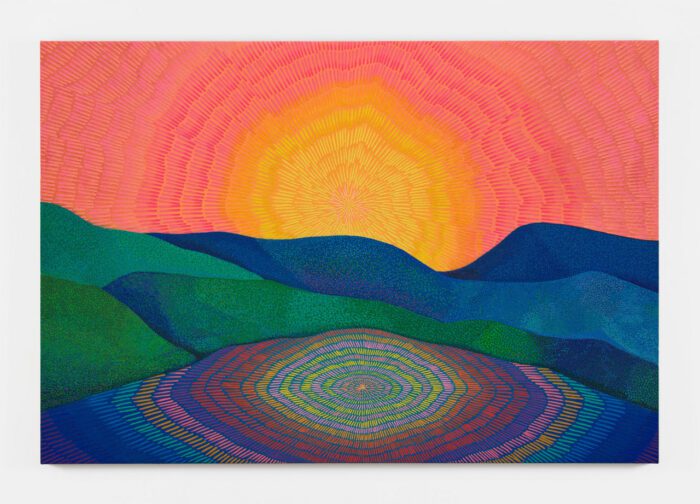 Jennifer Guidi, Jennifer Guidi, As the colorful waves pulse in the sea, they spark and ignite a turning point in me, 2025, oil and sand on linen, 48 1/4 x 70 1/4 x 1 5/8 inches (122.6 x 178.4 x 4.1 cm), © Jennifer Guidi, Courtesy the artist and David Kordansky Gallery