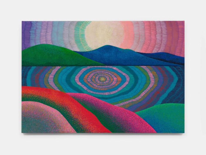 Jennifer Guidi, Dear moon, guardian of the night, you fill my heart with hope and delight, this lunar exchange where energies meet, at the eightfold horizon, on the path which I seek, 2025, oil and sand on linen, 48 1/4 x 70 1/4 x 1 5/8 inches (122.6 x 178.4 x 4.1 cm), © Jennifer Guidi, Courtesy the artist and David Kordansky Gallery