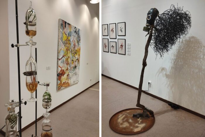 Left: Athina Koumparouli, Adaptability exercises, 2025, Glass, metal, organic materials. Variable dimensions© Athina Koumparouli & Stavros Panagiotakis, Silent Spring, © Stavros Panagiotakis, Photo: Valia Katsimpa Right: Nikos Ivazzo and Andreas Kalli, Here comes the sun... Tumbleweed, LULLABY 2025. Sculptural Vido installation., © Nikos Ivazzo and Andreas Kalli, Photo: Valia Katsimpa