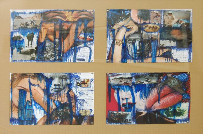 Hirschhorn, Thomas, Equality Series, 2002, Collage with newspaper and magazine photographs, marker, and ballpoint pen on paper, Frame: 90.3 x 111 cm x 4 cm, (×2) Collage measurements: 32.5 × 43.5 cm, (×2) 31.8 × 43 cm, (×2) 31.6 × 42 cm, (×2) 31.6 × 43.5 cm, 31.6 × 42.5 cm, © Hirschhorn, Thomas, Museo de Arte Contemporáneo Helga de Alvear, Courtesy the artist and Museo de Arte Contemporáneo Helga de Alvear