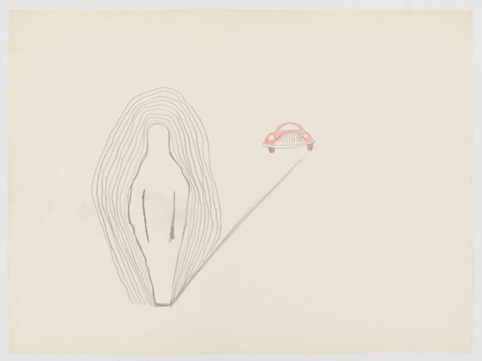 Walter De Maria, Shadow with red car, c. 1961–64, Graphite and colored pencil on paper, 18 x 24 inches (45.7 x 61 cm), © 2025 Estate of Walter De Maria, Photo: Robert McKeever, Courtesy Gagosian