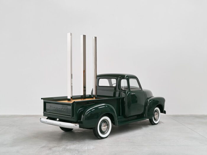 Walter De Maria, Green Truck / Circle, Square, Triangle, from Truck Trilogy, 2011–17, 3 1950s Chevrolet half-ton pickup trucks, white oak, and stainless steel, in 3 parts, each: 120 x 75 x 195 inches (304.8 x 190.5 x 495.3 cm), overall dimensions variable, © 2025 Estate of Walter De Maria, Photo: Thomas Lannes, Courtesy Gagosian