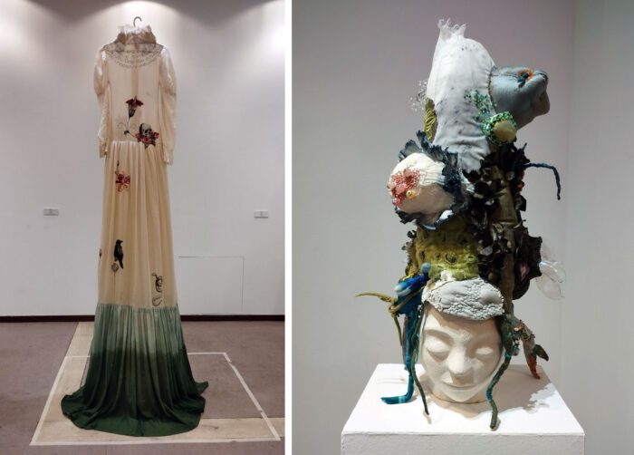 Left: Ifigeneia Sdoukou, Flora in periculo est,2025, Cotton fabric with hand embroidery, 300 x 70 cm., © : Ifigeneia Sdoukou, Photo: Valia Katsimpa Right: VIvy Tsioga, Lichens, 2025, © VIvy Tsioga, Photo: Valia Katsimpa