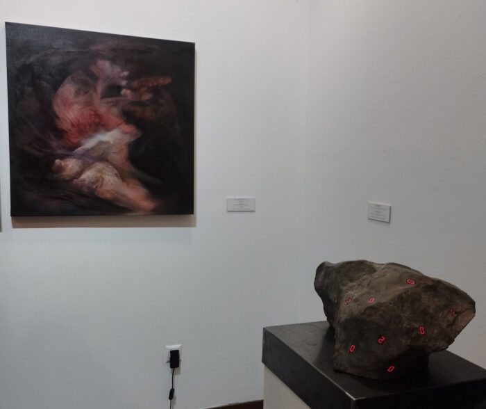 Kleitia Kokalari. Social garden Generation 2, 2025, Oil on canvas. 83 x 83 cm, © Kleitia Kokalari & Electros (aka Babis Vekris), Fossil of rare earths, 2022, © Electros (aka Babis Vekris), Photo: Valia Katsimpa