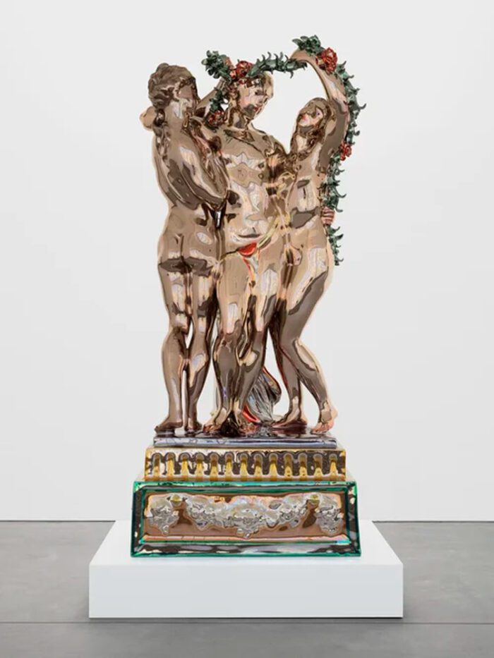 Jeff Koons, Three Graces, 2016–2022, mirror-polished stainless steel with transparent color coating, 104 x 47 1/2 x 31 7/8 inches, 264.2 x 120.6 x 80.9 cm, Edition of 3 plus AP, © & Courtesy Jeff Koons