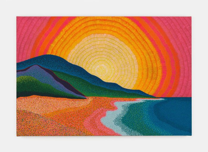 Jennifer Guidi, The Earth and I are in a harmonious hum, drawn to the sea by her calling drum, along the magical red ridge we run, bound for the waves—with a dive we become one, 2025, oil and sand on linen, 34 1/4 x 50 1/4 x 1 5/8 inches, (87 x 127.6 x 4.1 cm), © Jennifer Guidi, Courtesy the artist and David Kordansky Gallery