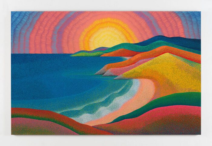 Jennifer Guidi, As I stood on the shoreline of my soul, the sun spoke to me in color and the water sang my name, 2025, oil and sand on linen, 62 1/4 x 96 1/4 x 1 5/8 inches (158.1 x 244.5 x 4.1 cm), © Jennifer Guidi, Courtesy the artist and David Kordansky Gallery