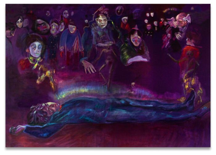 Jill Mulleady, Malodor, 2025, Oil on velvet, 142 × 200 cm | 55 7/8 × 78 3/4 inches, © Jill Mulleady, Courtesy the artist and Sprüth Magers Gallery