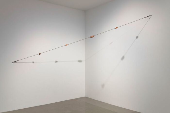 Paul Thek, Meat Cable, 1969, Steel cable with four wax elements, 391.2 cm | 154 inches, variable, © Paul Thek, Courtesy the artist and Sprüth Magers Gallery