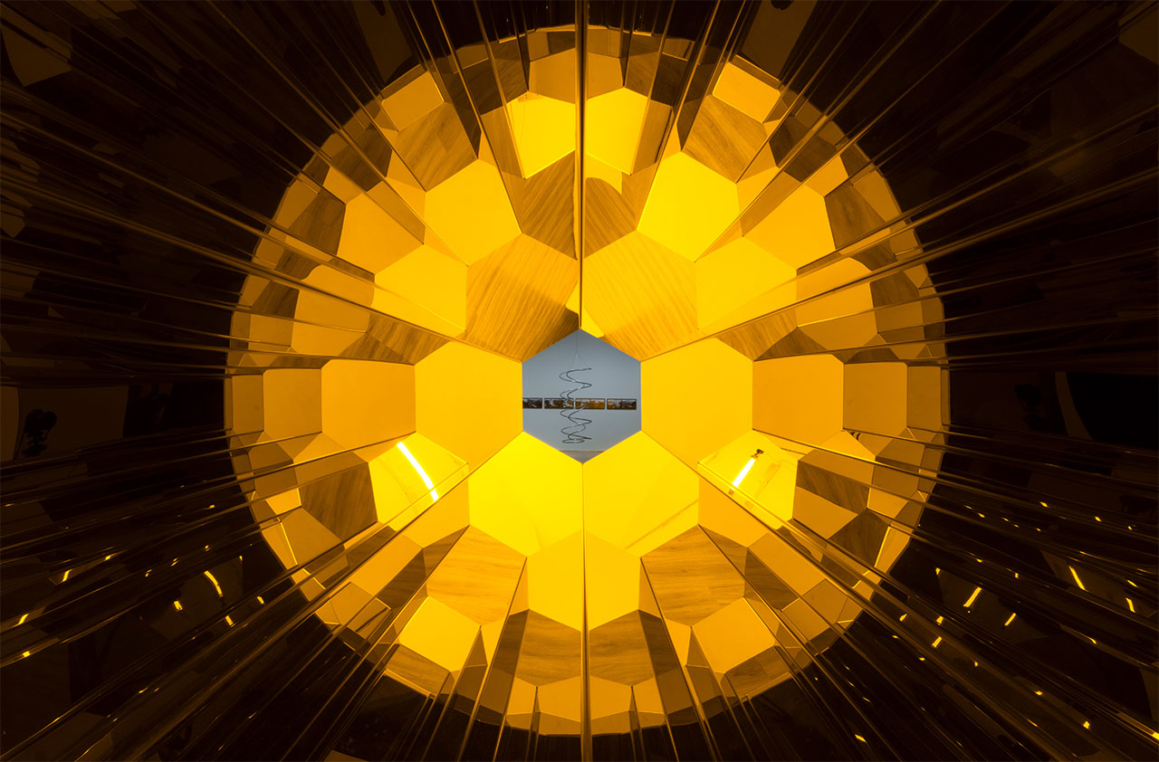 Olafur Eliasson, Multiverses and futures, 2017, Stainless steel, mirror, black paint, Square kaleidoscope 186 x 82 x 150 cm, Triangular kaleidoscope 188.5 x 95 x 150 cm, Hexagonal kaleidoscope 187.5 x 84.5 x 150 cm, Rhombic kaleidoscope 187.5 x 84.5 x 150 cm, Private collection