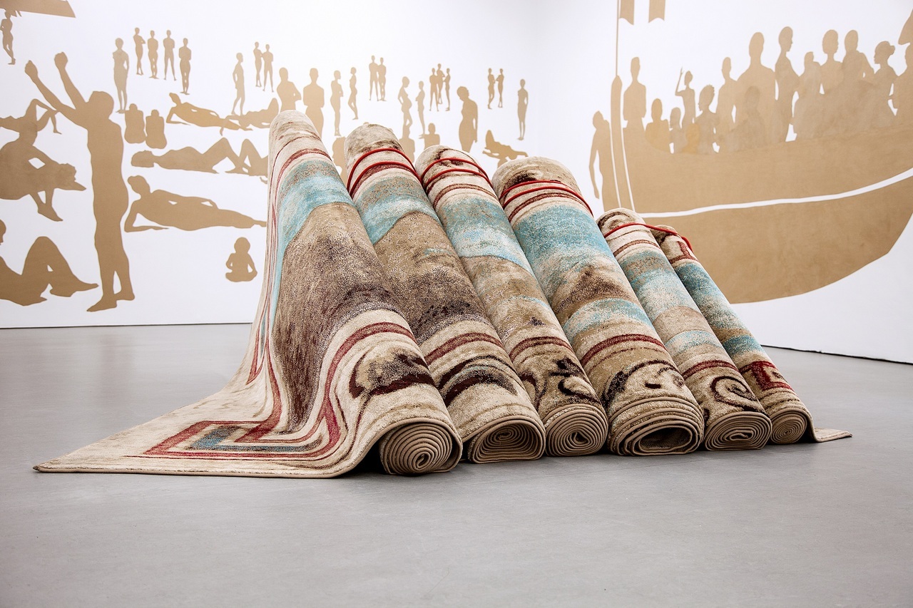 Hera Büyüktaşcıyan, Destroy Your Home, Build Up A Boat, Save Life, 2015. Print on carpet, dimensions variable. Courtesy of the artist, Green Art Gallery Dubai and EVA International – Ireland’s Biennial. Photo: Miriam O’Connor